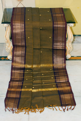 Jacket Nakshi Border Work Cotton Gadwal Saree in Greenish Brown and Maroon