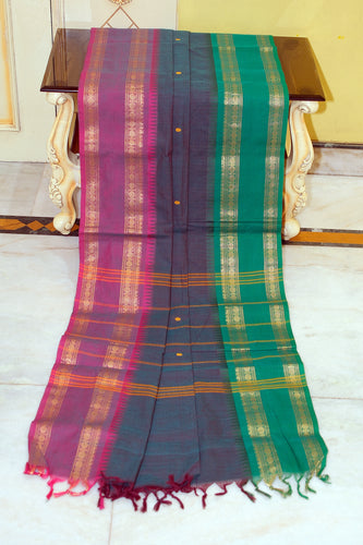 Jacket Nakshi Border Work Cotton Gadwal Saree in Greenish Cyan, Plum and Pine Green