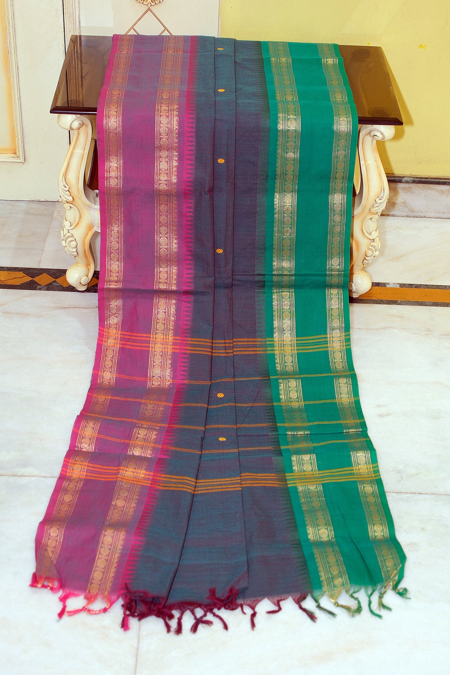 Jacket Nakshi Border Work Cotton Gadwal Saree in Greenish Cyan, Plum and Pine Green