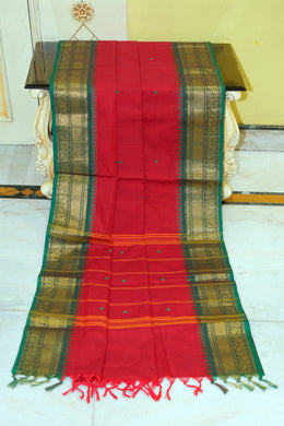 Jacket Nakshi Border Work Cotton Gadwal Saree in Red and Dark Green