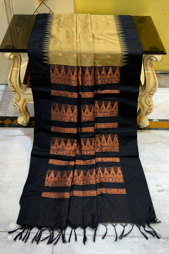 Soft South Cotton Borderless Pencil Temple Motifs Gadwal Saree in Ginger Brown and Black