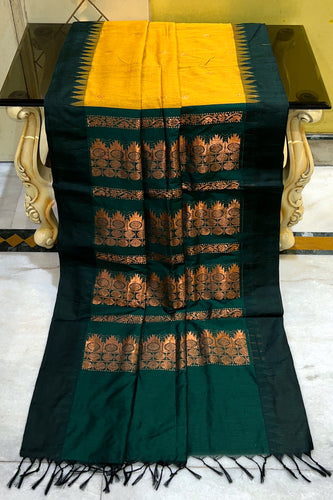 Soft South Cotton Borderless Pencil Temple Motifs Gadwal Saree in Golden Yellow and Pthalo Green