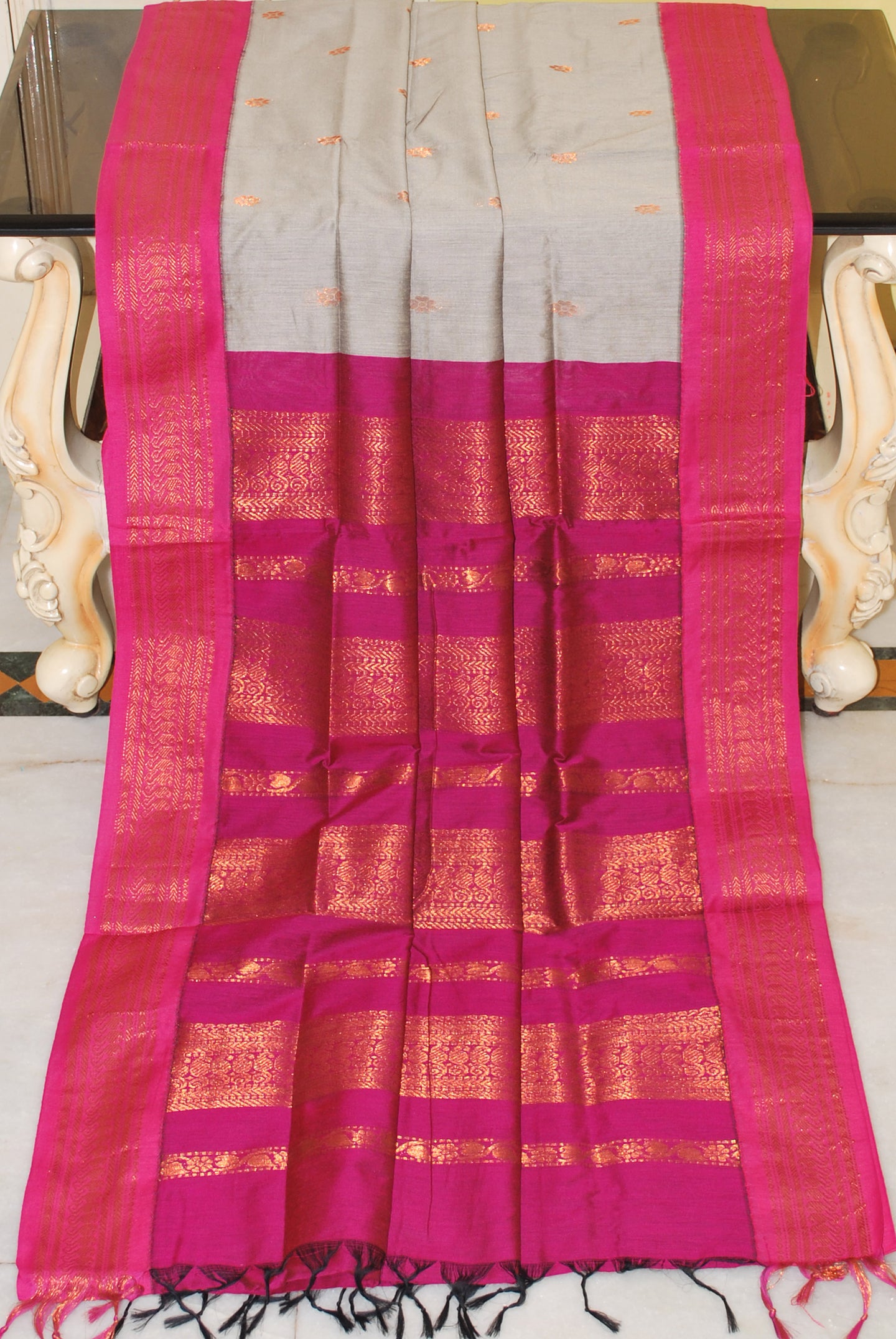Banarasi Border Soft South Cotton Gadwal with Rich Pallu in Grey, Pink and Magenta