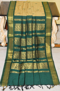 Banarasi Border Soft South Cotton Gadwal with Rich Pallu in Khaki and Dark Green