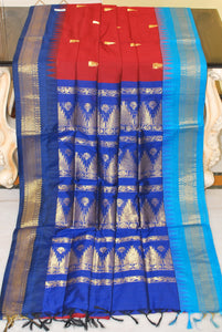 Crowned Temple Ganga Jamuna Border Cotton Gadwal Saree with Rich Pallu in Dark Red, Navy Blue and Azure Blue