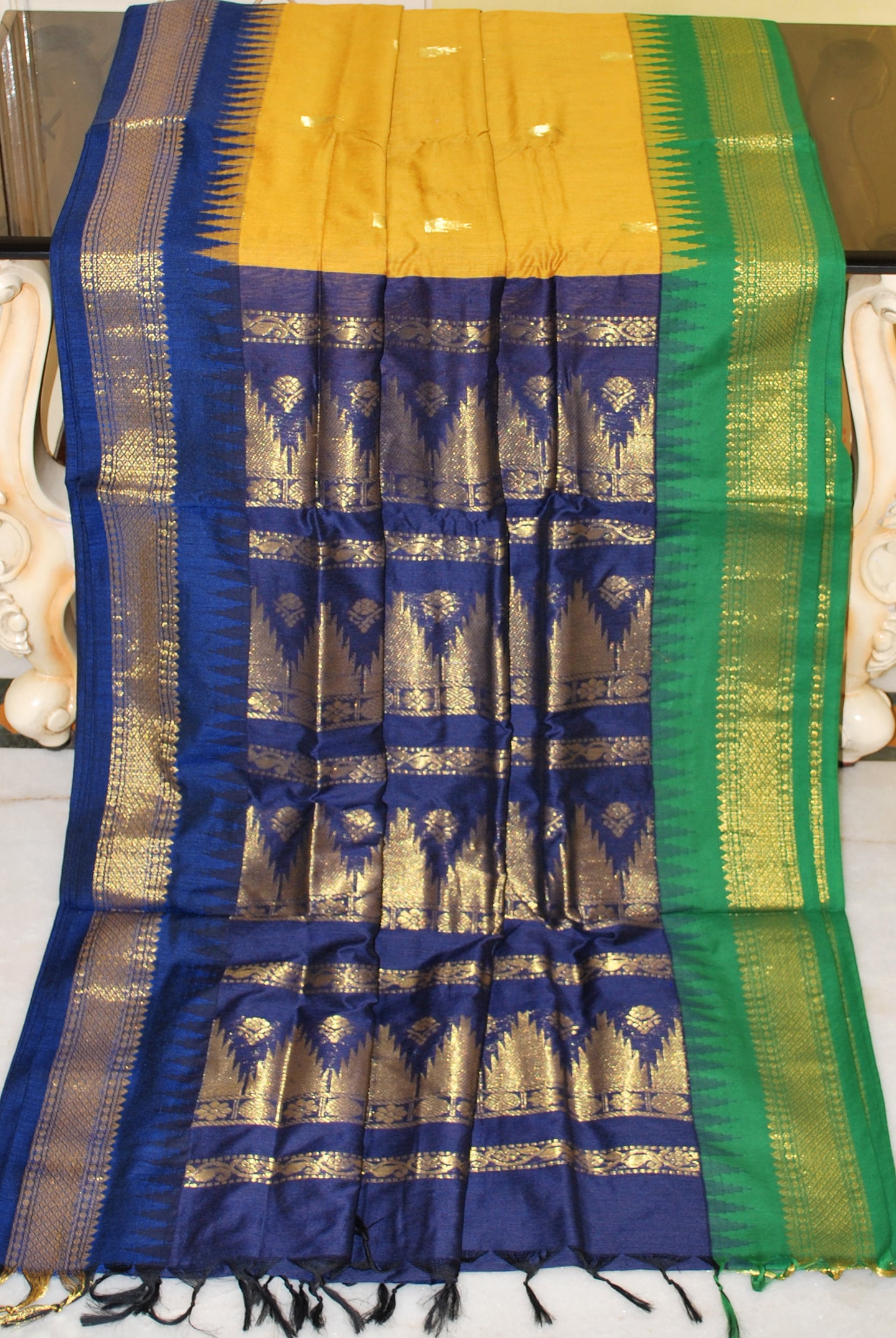 Crowned Temple Ganga Jamuna Border Cotton Gadwal Saree with Rich Pallu in Ochre Yellow, Navy Blue and Green