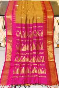 Crowned Temple Ganga Jamuna Border Cotton Gadwal Saree with Rich Pallu in Mustard, Maroon and Hot Pink