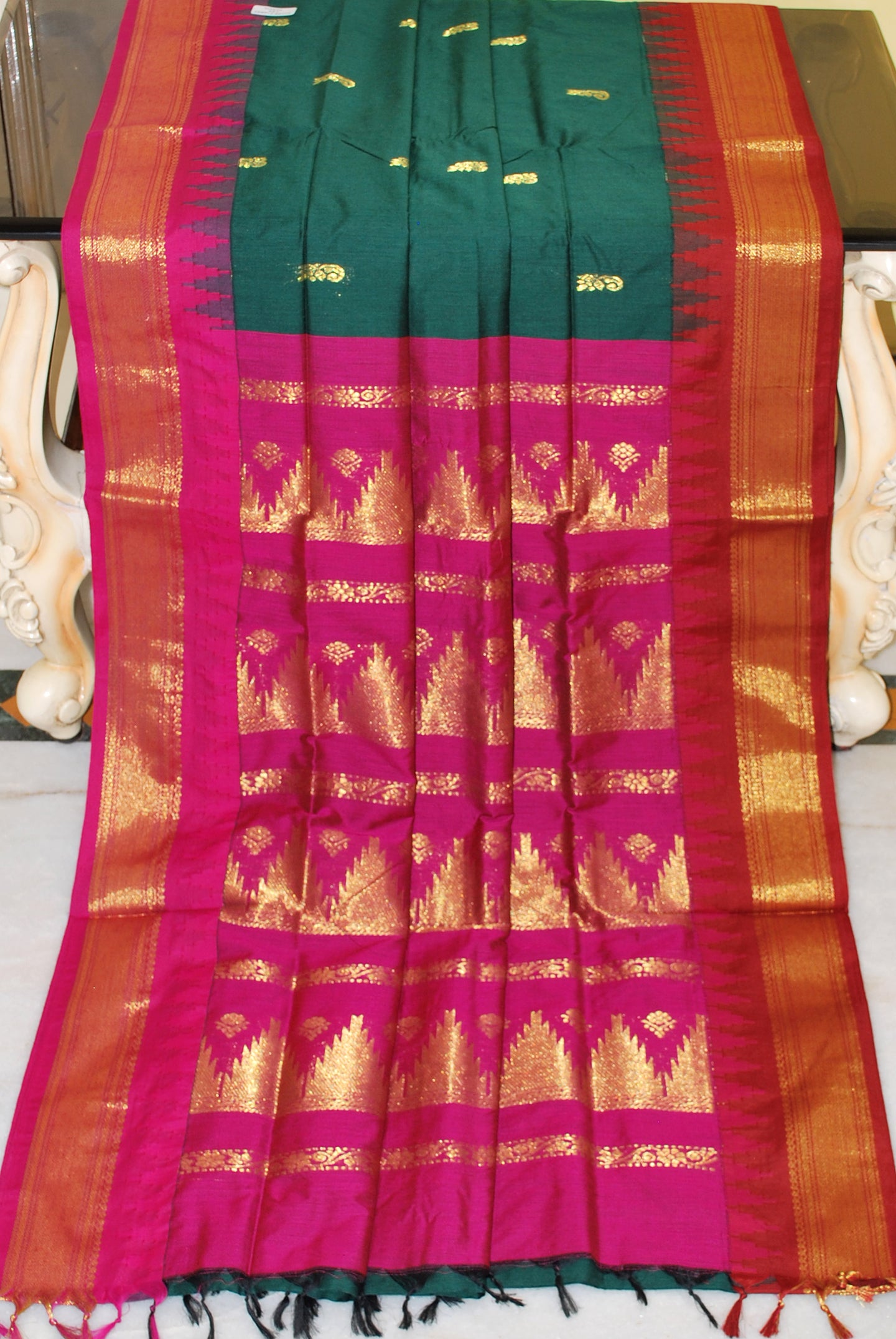 Crowned Temple Ganga Jamuna Border Cotton Gadwal Saree with Rich Pallu in Dark Green, Maroon and Hot Pink