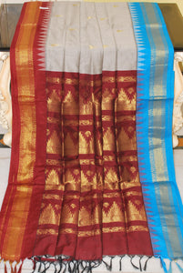 Crowned Temple Ganga Jamuna Border Cotton Gadwal Saree with Rich Pallu in Grey, Maroon and Strobe Blue