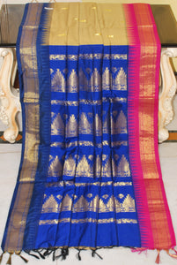 Crowned Temple Ganga Jamuna Border Cotton Gadwal Saree with Rich Pallu in Parmesan, Hot Pink and Deep Blue