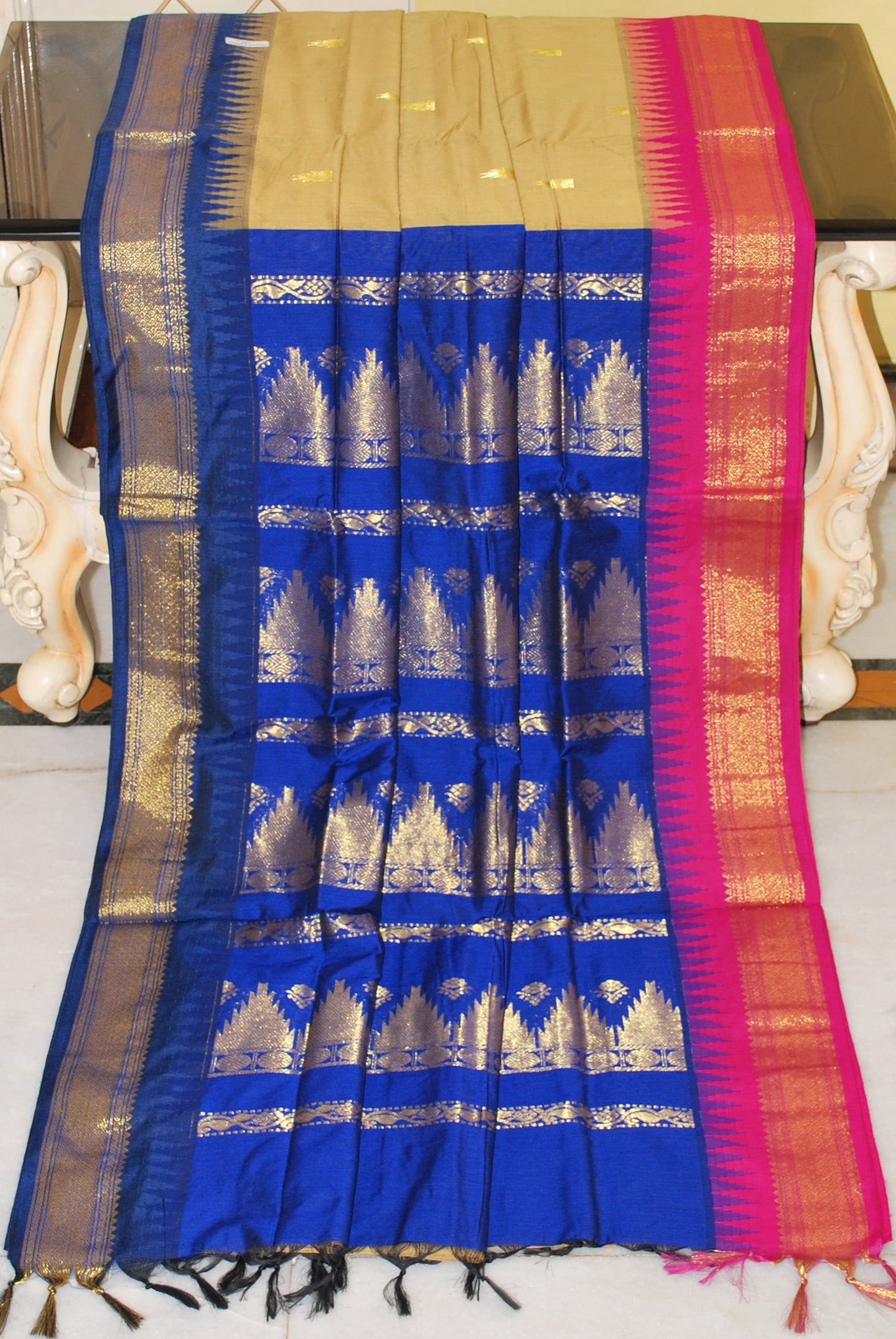 Crowned Temple Ganga Jamuna Border Cotton Gadwal Saree with Rich Pallu in Parmesan, Hot Pink and Deep Blue