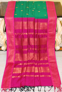 Banarasi Border Soft South Cotton Gadwal with Rich Pallu in Emerald Green and Hot Pink