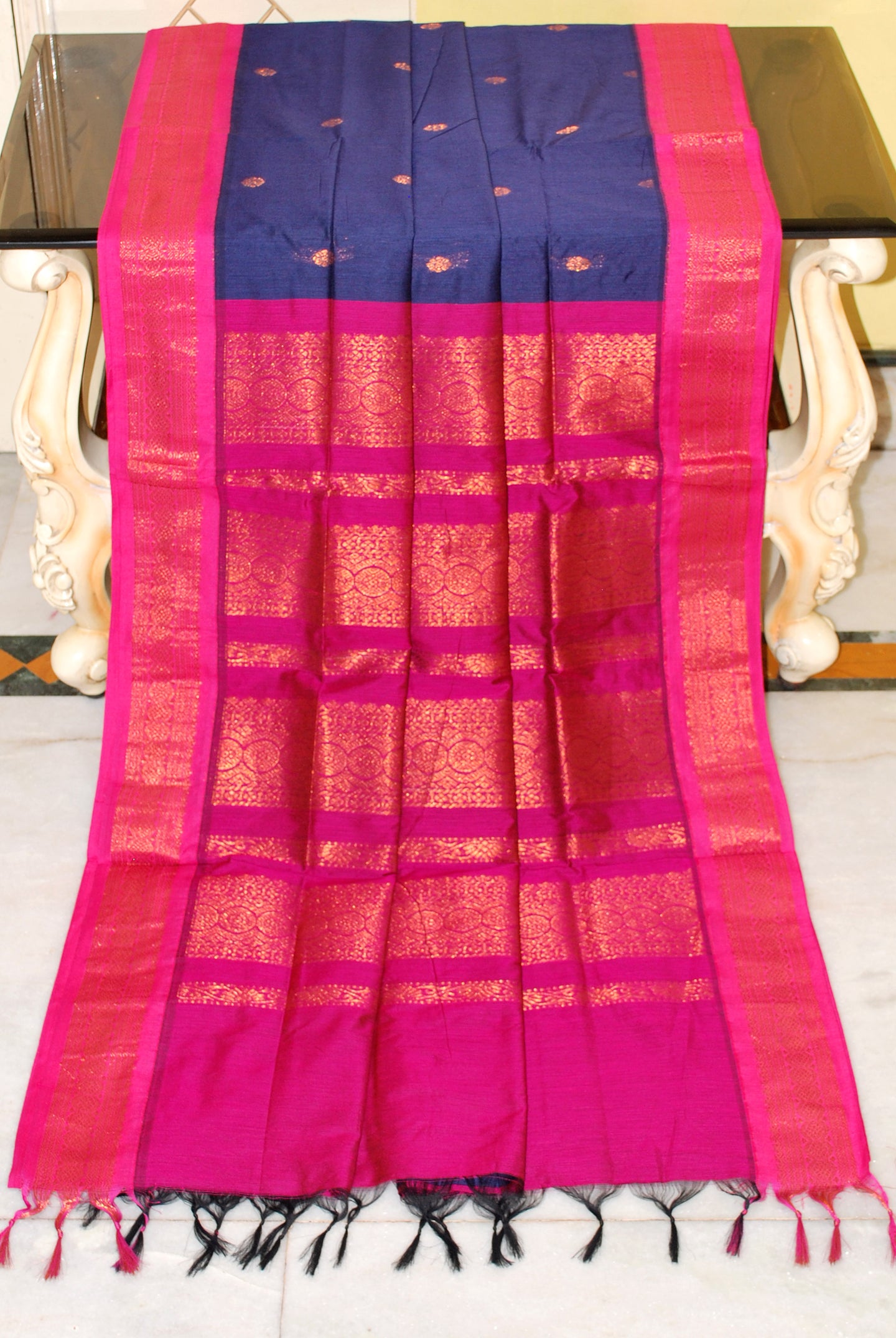 Banarasi Border Soft South Cotton Gadwal with Rich Pallu in Ink Blue and Hot Pink
