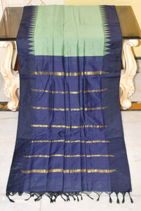 Soft South Cotton Pencil Border Gadwal Saree in Tea Green and Midnight Blue