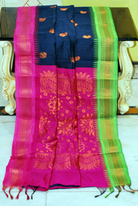 Ganga Jamuna Border Sico Cotton Gadwal Saree with Rich Pallu in Midnight Blue, Hot Pink and Bright Green