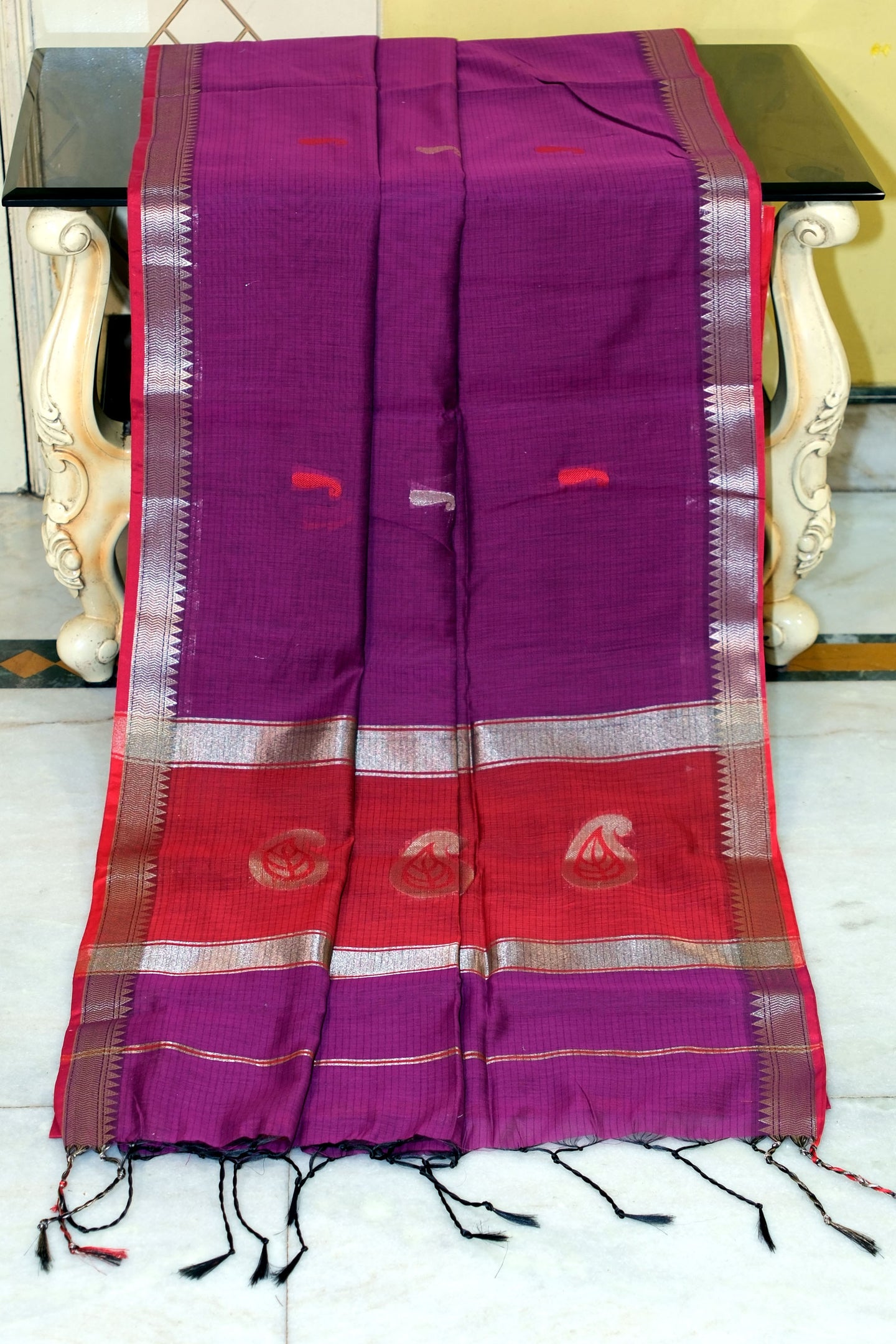 Maheshwari Cotton Silk Saree with Paisley Nakshi Motif Work Pallu in Purple and Red