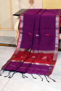 Maheshwari Cotton Silk Saree with Paisley Nakshi Motif Work Pallu in Purple and Red