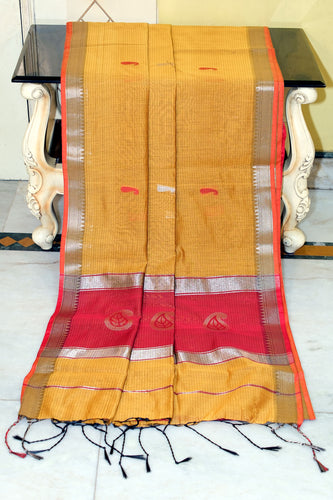 Maheshwari Cotton Silk Saree with Paisley Nakshi Motif Work Pallu in Yellow and Red