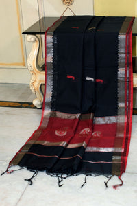 Maheshwari Cotton Silk Saree with Paisley Nakshi Motif Work Pallu in Black and Red