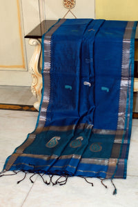 Maheshwari Cotton Silk Saree with Paisley Nakshi Motif Work Pallu in Royal Blue and Teal