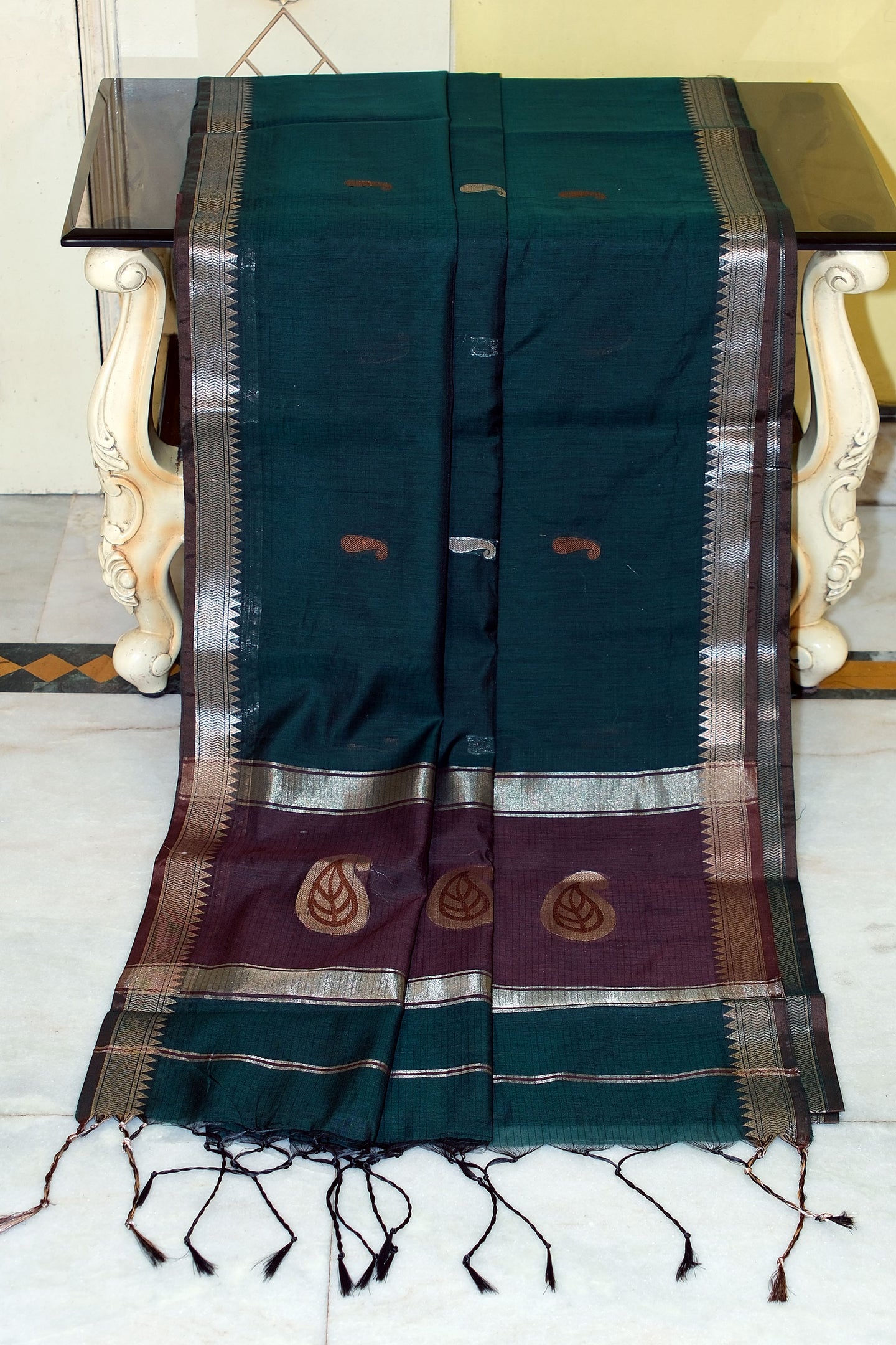 Maheshwari Cotton Silk Saree with Paisley Nakshi Motif Work Pallu in Pthalo Green and Burgundy