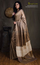 Handwoven Bhagalpuri Silk & Natural Gicha Tussar Silk Striped Saree – Chocolate Brown