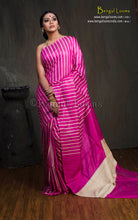 Handwoven Bhagalpuri Silk & Natural Gicha Tussar Silk Striped Saree – Hot Pink