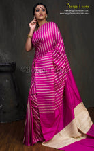 Handwoven Bhagalpuri Silk & Natural Gicha Tussar Silk Striped Saree – Hot Pink