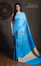 Handwoven Bhagalpuri Silk & Natural Gicha Tussar Silk Striped Saree – Day Sky Blue