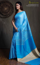 Handwoven Bhagalpuri Silk & Natural Gicha Tussar Silk Striped Saree – Day Sky Blue