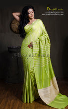 Handwoven Bhagalpuri Silk & Natural Gicha Tussar Silk Striped Saree – Lime Green