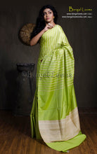 Handwoven Bhagalpuri Silk & Natural Gicha Tussar Silk Striped Saree – Lime Green