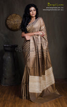 Handwoven Bhagalpuri Silk & Natural Gicha Tussar Silk Striped Saree – Chocolate Brown