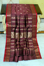 Handwoven Soft Bishnupuri Jaam Katan Silk Saree in Wine, Cornell Red and Matt Gold