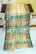 Handwoven Soft Bishnupuri Jaam Katan Silk Saree in Parmesan, Sea Green and Pastel Orange