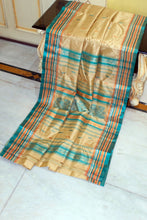 Handwoven Soft Bishnupuri Jaam Katan Silk Saree in Parmesan, Sea Green and Pastel Orange