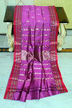 Handwoven Soft Bishnupuri Jaam Katan Silk Saree in Rich Lialic, Cornell Red and Matt Gold