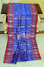 Handwoven Soft Bishnupuri Jaam Katan Silk Saree in Warm Blue, Portland Orange and Matt Gold