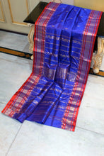 Handwoven Soft Bishnupuri Jaam Katan Silk Saree in Warm Blue, Portland Orange and Matt Gold