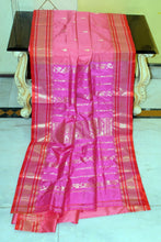 Handwoven Soft Bishnupuri Jaam Katan Silk Saree in Pink, Portland Orange and Matt Gold