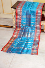 Soft Bishnupuri Paisely Nakshi Butta Work Pure Katan Silk Saree in Turquoise Blue, Portland Orange and Matt Gold