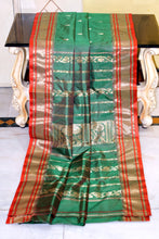 Soft Bishnupuri Paisely Nakshi Butta Work Pure Katan Silk Saree in Clove Green, Portland Orange and Matt Gold