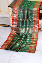 Soft Bishnupuri Paisely Nakshi Butta Work Pure Katan Silk Saree in Clove Green, Portland Orange and Matt Gold