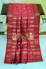 Handwoven Soft Bishnupuri Jaam Katan Silk Saree in Dark Coral, Cornell Red and Matt Gold