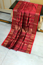 Handwoven Soft Bishnupuri Jaam Katan Silk Saree in Dark Coral, Cornell Red and Matt Gold