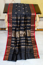 Handwoven Soft Bishnupuri Jaam Katan Silk Saree in Zed Black, Cornell Red and Matt Gold