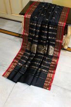 Handwoven Soft Bishnupuri Jaam Katan Silk Saree in Zed Black, Cornell Red and Matt Gold