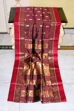 Traditional Woven Minakari Work Garad Katan Pure Silk Saree in Deep Coffee Brown, Bright Red and Matt Gold