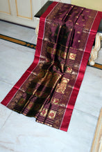 Traditional Woven Minakari Work Garad Katan Pure Silk Saree in Deep Coffee Brown, Bright Red and Matt Gold