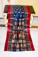 Traditional Woven Minakari Work Garad Katan Pure Silk Saree in Cloudburst Blue, Bright Red and Matt Gold